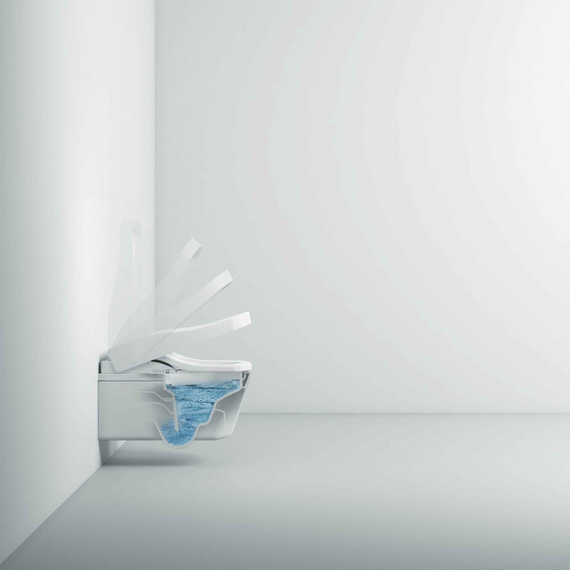 Das Bild zeigt die Keramik einer mit einem Washlet bestückten Toilette. Das Innere der Toilette ist mit Wasser gefüllt und es zeigt den Tornado Flush. Die automatische Öffnung des Deckels wird durch unterschiedliche Sichtbarkeit dargestellt. Die aktuelle Position des Deckels ist klar sichtbar. Die höchste Position ist nur noch schwach sichtbar. Die Positionen, die sich zwischen den beiden befinden sind in absteigender Sichtbarkeit abgebildet.