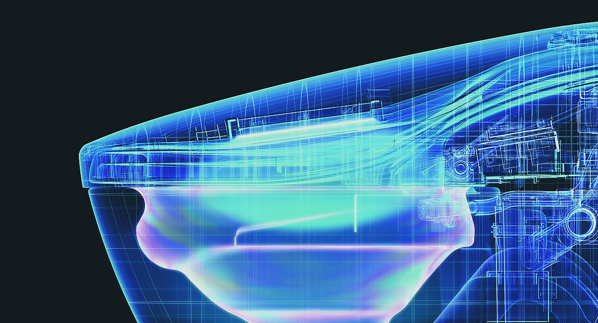 Dieses Bild zeigt eine transparente Abbildung eines Washlets. Im Inneren des Washlets befindet sich ein UV-Licht.