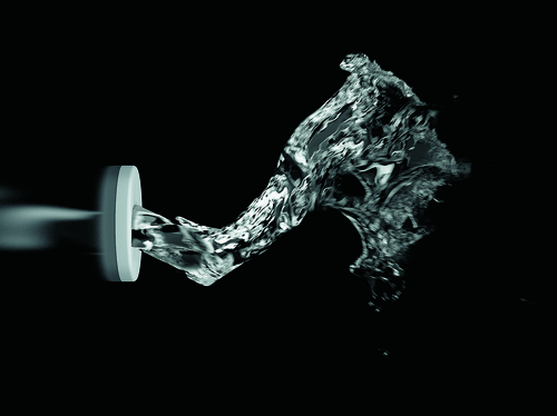 Aus einer einzelnen Düse kommt ein Wasserwirbel spiralförmig heraus. Dieser ist beim Austritt schmal und weitet sich im Verlauf. 
